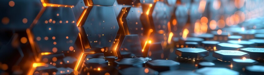 Abstract futuristic hexagonal pattern with glowing orange light and technology blue background. Modern geometric design in digital style.