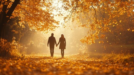 A couple holding hands while walking through a golden autumn forest, leaves falling gently around them, warm sunlight filtering through the trees