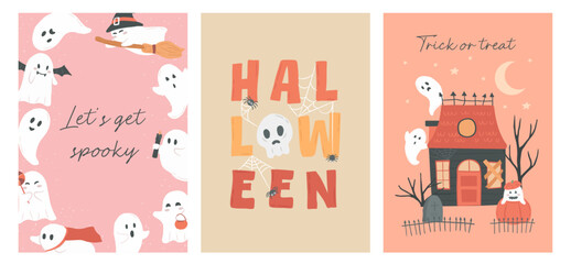 Collection of Halloween lettering and ghost posters vector illustration