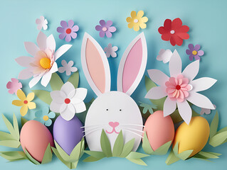 Whimsical Easter Landscape Paper Cut. Happy Easter with Colorful Paper Cut Rabbit and Egg Vibrant. Happy easter colorful paper cut rabbit egg poster design. Easter background flower plant art. 