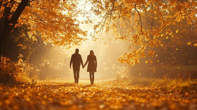 A couple holding hands while walking through a golden autumn forest, leaves falling gently around them, warm sunlight filtering through the trees