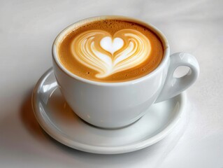 A latte with heart-shaped foam art in a white cup on a saucer.