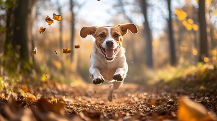 A dog happily running through a forest trail during an autumn walk, with leaves kicking up behind it and a clear blue sky above