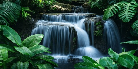 Close-up of a cascading waterfall surrounded by lush greenery, capturing the natural beauty and dynamic movement of outdoor landscapes