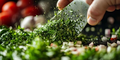 Macro shot of fresh herbs and spices being chopped and added to a dish, highlighting the importance of seasoning and flavor in cooking