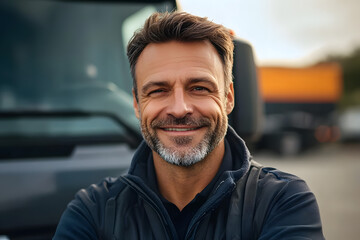 Obraz premium Business distribution and fast safe logistics Active happy adult man. Close-up portrait of male truck driver in front of van smiling to camera with transport on background