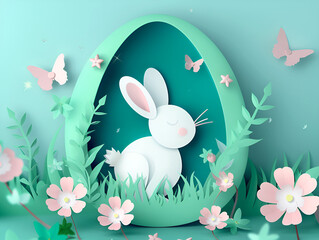 Whimsical Easter Landscape Paper Cut. Happy Easter with Colorful Paper Cut Rabbit and Egg Vibrant. Happy easter colorful paper cut rabbit egg poster design. Easter background flower plant art. 