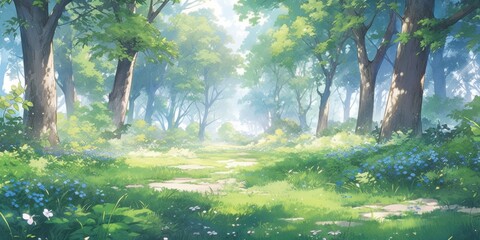 Enchanted Anime-Style Forest with Whimsical Banners: A Mystical Woodland Setting for Game Art and Storybook Illustrations, Perfect as 4K Wallpaper Art.