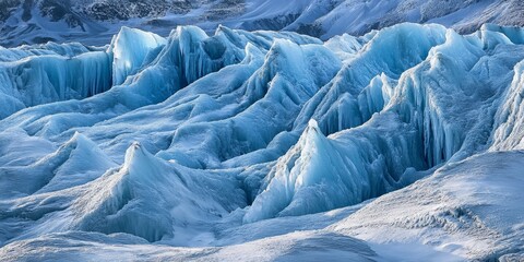 Close-up of a dramatic glacier with ice formations and deep crevasses, highlighting the grandeur and unique features of glacial landscapes