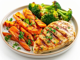 A plate of grilled chicken breast with roasted carrots and broccoli, garnished with parsley.