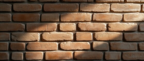 Obraz premium Textured clay bricks on a wall illuminated by soft sunlight in an indoor setting