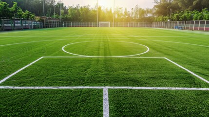 Obraz premium Empty soccer field with crisp white lines.