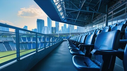 Naklejka premium Empty stadium seats with a panoramic city view.