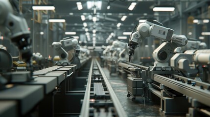 Factory interior with robotic production line.
