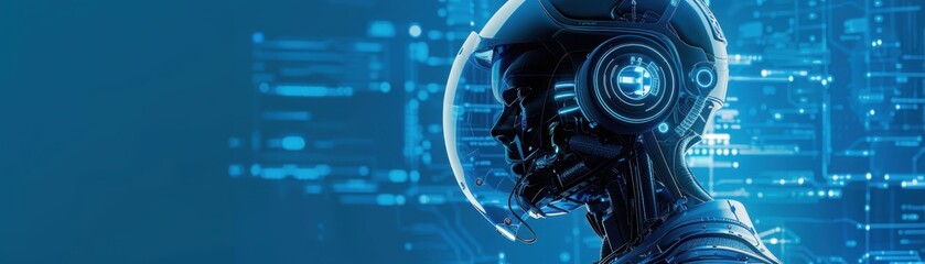 Futuristic robot with a helmet in a digital blue environment, representing AI and technology advancements.