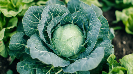 Obraz premium copy space, stockphoto, close up of white cabbage growing in the garden. Growing vegetables at home. Local production of food. Healthy food concept. Homegrown vegetables in the garden.