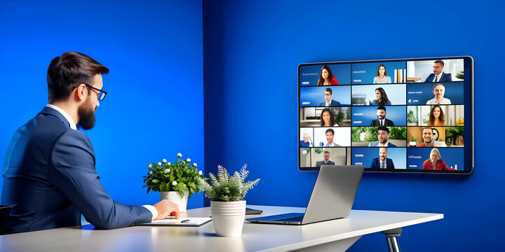 Virtual event planner showcasing expertise in remote event management with digital tools in a vibrant workspace. stock photo concept.