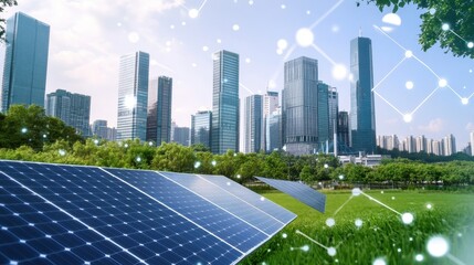 Fototapeta premium Modern Sustainable City with Solar Panels and Green Spaces Under a Clear Sky
