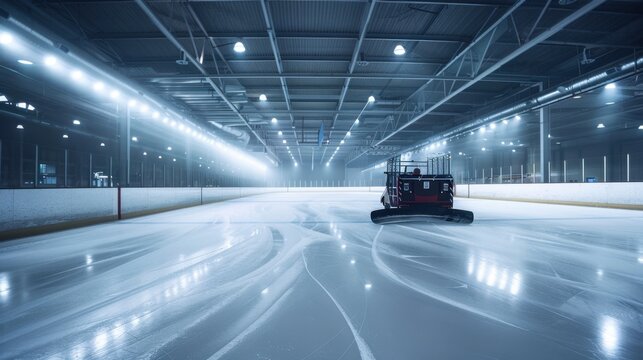 Ice hockey rink with a Zamboni machine leaving trails.