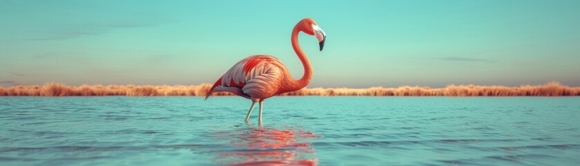 A vibrant flamingo standing in serene, turquoise waters with a clear blue sky in the background, showcasing nature's beauty.