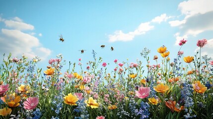 Blissful Meadow: A vibrant tapestry of wildflowers under a cheerful blue sky, teeming with busy bees, evokes a sense of serenity and the beauty of nature.
