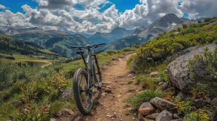 Obraz premium Mountain bike parked on a scenic mountain trail.
