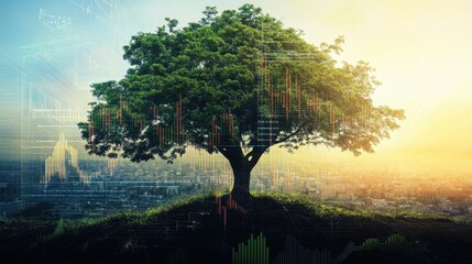 Lone Tree Overlooking Cityscape with Digital Data Overlay at Sunset, Symbolizing Technology and Nature Integration