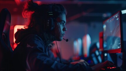 Fototapeta premium Intense Esports Tournament Gaming - Focused Player at Computer in Dimly Lit Room