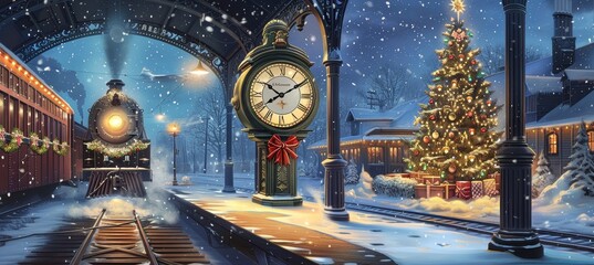 Nostalgic Christmas Train Station at Midnight with Snowy Platform and Festive Decorations