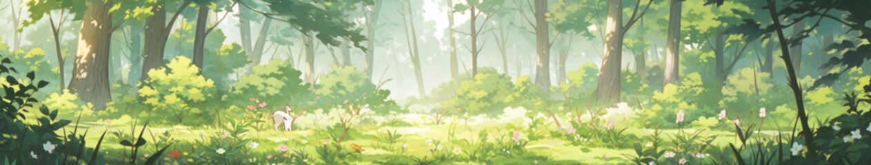 Enchanted Anime-Style Forest with Whimsical Banners: A Mystical Woodland Setting for Game Art and Storybook Illustrations, Perfect as 4K Wallpaper Art.