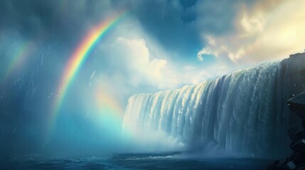 Fototapeta premium Rainbow arcing over a powerful waterfall.