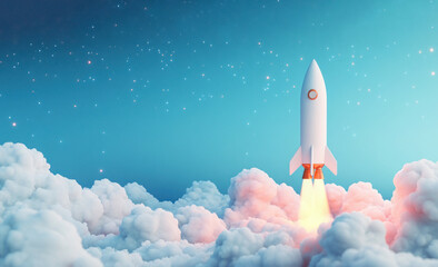Fototapeta premium 3D rendering of a white and white rocket flying over white clouds
