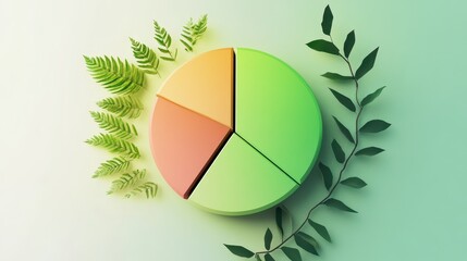 Colorful Pie Chart with Greenery on Gradient Background Representing Eco-Friendly Data Visualization