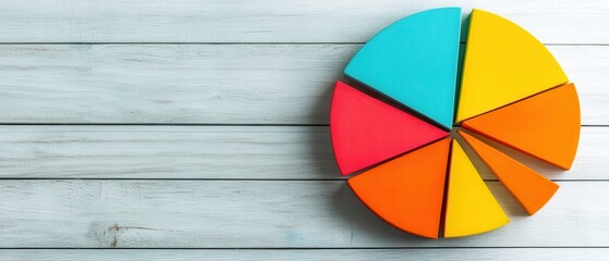 Fototapeta premium Colorful Pie Chart on Wooden Background Representing Data Analysis and Business Statistics