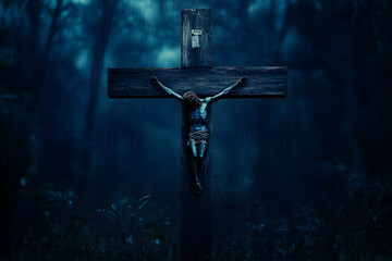 Naklejka premium wood jesus cross, dark black blue horror night background, scary haunted thriller theme, good friday,&nbsp;