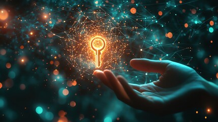 AI and Cyber security, Hand holding hologram of a key from glowing light particles and digital data connections, symbolizing growth in technology and sustainability, on Cyber-tech background