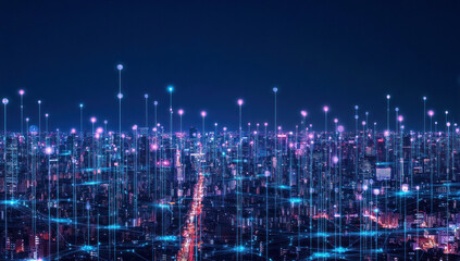 Smart city with network connections and data transfers on a night background