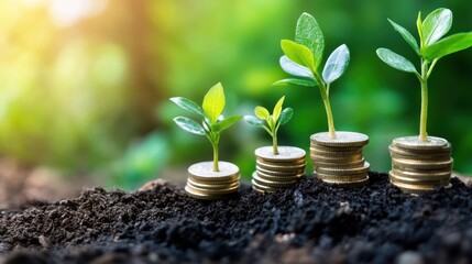 Growing Investment Concept with Stacked Coins and Seedlings in Soil on a Green Background