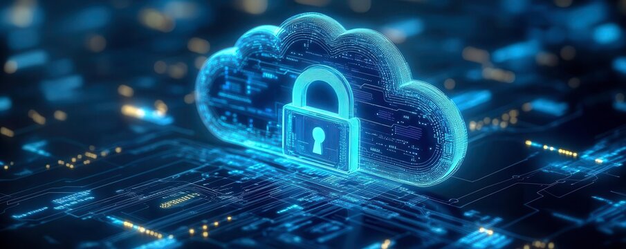 A digital illustration of a secure cloud symbol with a lock representing advanced cybersecurity and data protection.