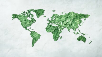 Green World Map Made of Crumpled Paper on White Background Representing Environmental Conservation