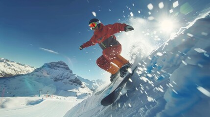 Professional Snowboarder Performing 360 Spin on Sunlit Mountain Ramp with Clear Blue Sky Background
