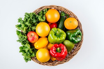 Wicker Basket Filled with Fresh Produce, Including Oranges, Apples, Peppers, and Lettuce