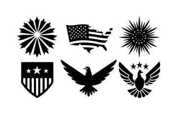 Patriotic Independence Day Logo Icons: 6 Set Silhouettes of Flag, Fireworks, and Eagle - Clean Minimalist Vector Illustrations