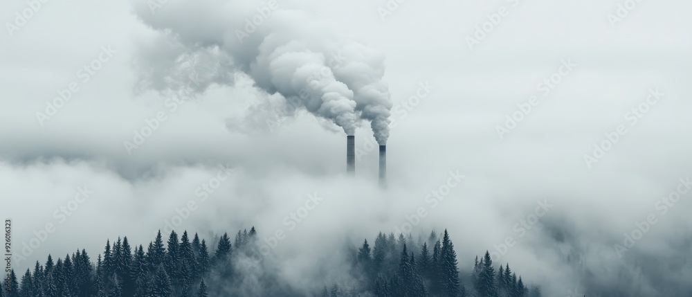 Wall mural industrial smokestacks emitting smoke through dense fog over pine forest