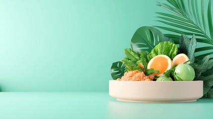 A vibrant arrangement of fresh fruits and vegetables in a bowl, set against a calming mint green backdrop, ideal for health and wellness.