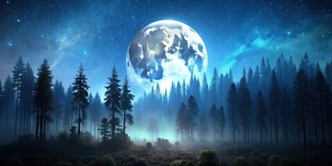 Forest at night with full moon in sky, forest, night, full moon, sky, trees, darkness, eerie, atmosphere, nature