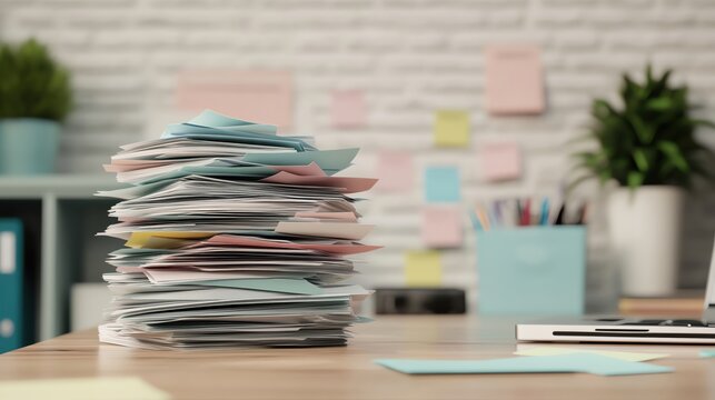 Overdue utility bills piling up on a desk, feeling of anxiety, 3D illustration