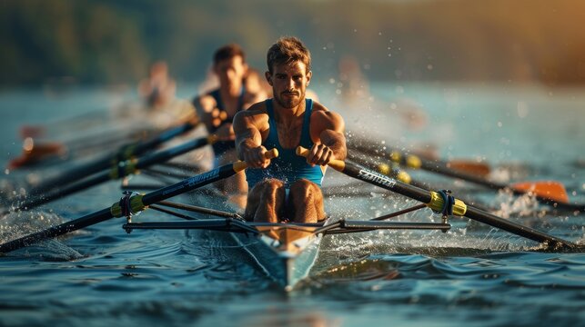 Professional Rower in Intense Final Race Stretch Showing Strength and Determination