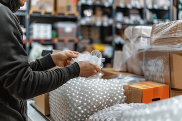 Fototapeta premium Shipping Store Clerk Wrapping Package with Bubble Wrap for Secure Shipping Solutions