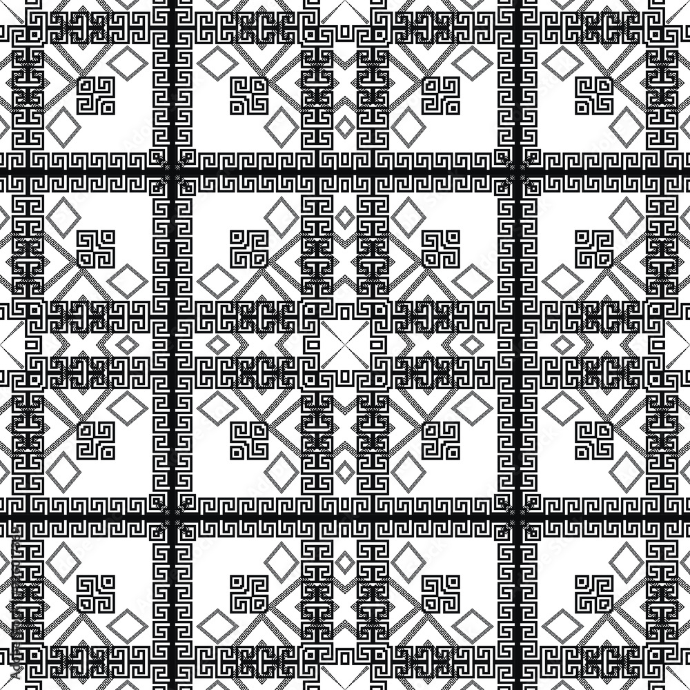 Wall mural check geometric abstract greek vector seamless pattern. black and white isolated ornamental backgrou